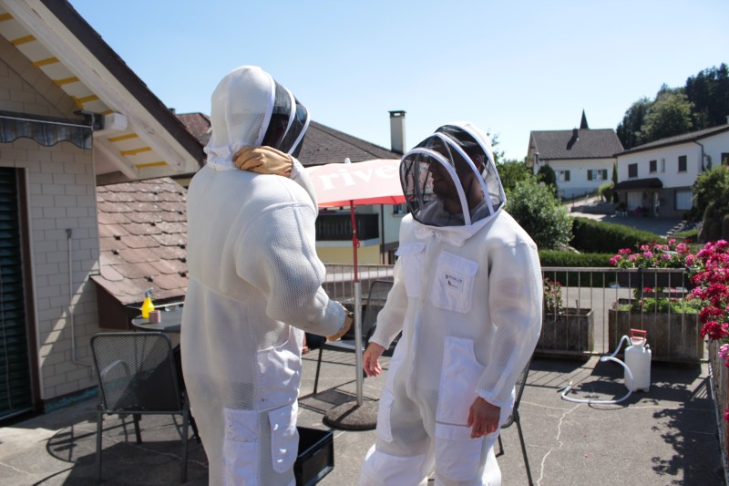 Deux experts Kammerjaeger &agrave; Jongny portent des combinaisons de protection blanches pour intervenir sur un toit par une journ&eacute;e ensoleill&eacute;e.